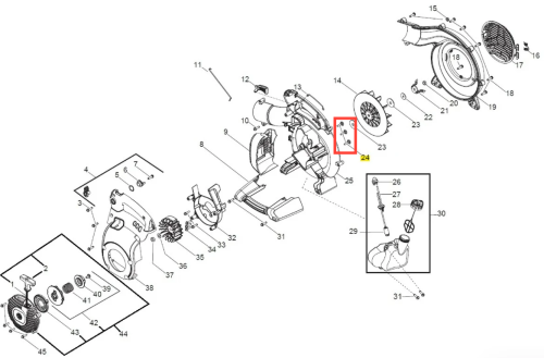 Śruba mocująca zbiornik paliwa do dmuchawy 125BVX Husqvarna, metalowa, prosta, z gwintem. Widoczna od góry, leżąca na białym tle. Element ma standardowy kształt z wyraźnymi gwintami, typowy dla części zamiennych. Wymiary nieokreślone.