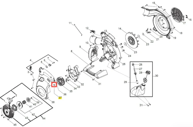 Nakrętka dmuchawy 125BVX Husqvarna w detalach: metalowy element o okrągłym, wyprofilowanym kształcie, z widocznymi gwintami. Ujęcie z przodu, na białym tle. Brak dodatkowych oznaczeń lub napisów. Produkt w nowym stanie, gotowy do zamontowania.