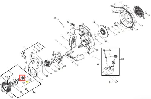 Piasta dmuchawy 125BVX Husqvarna w kolorze szarym, o okrągłym kształcie. Produkt widoczny w ujęciu frontalnym, leżący na stole. W centralnej części widoczne otwory mocujące, wyraźne detale struktury. Tło proste, białe.