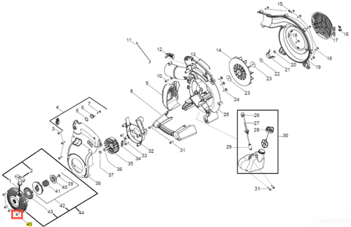 Śruba dmuchawy 125BVX Husqvarna, metalowa, okrągła, z gwintem, o długości około 30 mm, widoczna w lewym dolnym rogu schematu. Oferta zawiera dokładny obraz złożenia części, na białym tle, z numeracją elementów.