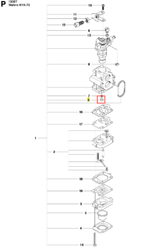 Dysza dmuchawy 130BT Husqvarna w kolorze czarnym, wykonana z tworzywa sztucznego. Ujęcie w zbliżeniu, ukazujące detal mocowania. Widoczne oznaczenia i numery części na diagramie, porządkujące komponenty urządzenia. Tło białe, jednolite.