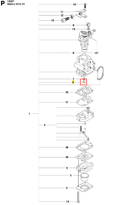 Dysza dmuchawy 130BT Husqvarna w kolorze czarnym, wykonana z tworzywa sztucznego. Ujęcie w zbliżeniu, ukazujące detal mocowania. Widoczne oznaczenia i numery części na diagramie, porządkujące komponenty urządzenia. Tło białe, jednolite.