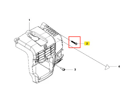 Śruba dmuchawy 130BT Husqvarna w metalicznym kolorze z gwintem. Widoczna z boku, w zbliżeniu na detale. Element mocujący, podkreślony na schemacie, który wskazuje miejsce montażu. Produkt nowy, umieszczony na technicznym tle.