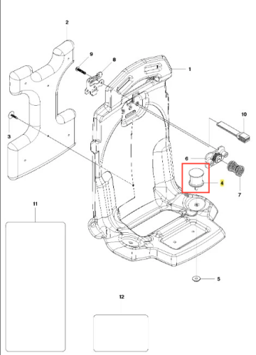 Amortyzator dmuchawy 130BT Husqvarna w ramie, widoczny z boku, złożony, okrągły, metaliczny, na białym tle podkreślającym detale i montaż.