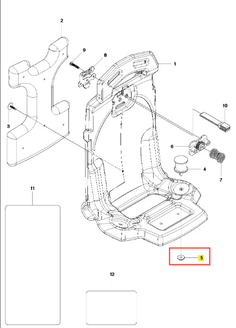 Nakrętka dmuchawy 130BT Husqvarna, mała, okrągła część mechaniczna, kolor szary, umieszczona w kontekście schematu montażowego. Widoczna z boku, zaznaczona na tle innych elementów, służy do mocowania części dmuchawy.