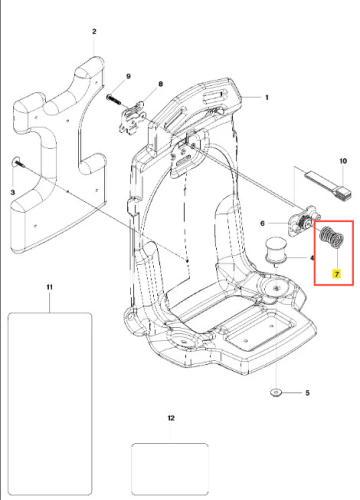 Sprężyna dmuchawy 130BT Husqvarna, metalowa, o cylindrycznym kształcie, widoczna w złożonym widoku bocznym. Ma zdobienia w postaci spiralnych nacięć i jest umieszczona w części obudowy. Tło techniczne, z detalami elementów montażowych.