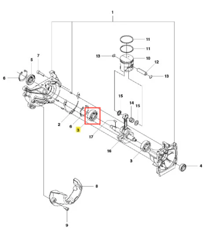 Łożysko dmuchawy 130BT Husqvarna w układzie silnika, widok z przodu. Produkt okrągły, metalowy, z gładką powierzchnią. Element montażowy w czerwonym zaznaczeniu, wskazujący na położenie w mechanizmie. Wszechstronny do napraw w dmuchawach.