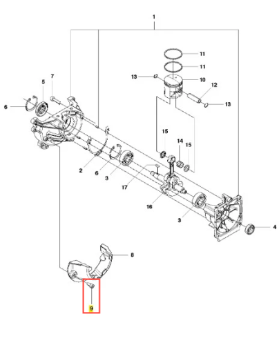 Śruba dmuchawy 130BT Husqvarna w kolorze metalicznym, z gwintem widocznym na końcu. Ujęcie w zbliżeniu, pokazujące szczegóły mocowania. Produkt leży w pozycji poziomej, wyróżniony na schemacie montażowym.