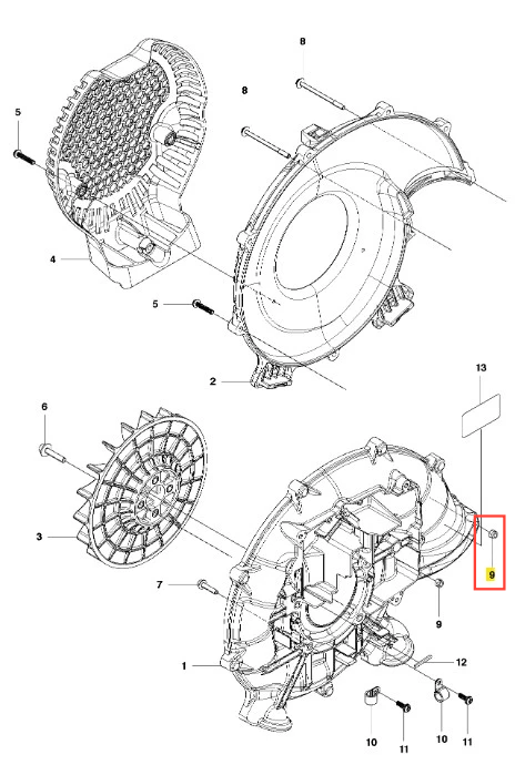 Nakrętka dmuchawy 130BT Husqvarna w kształcie cylindrycznym, metalowa, z widocznymi gwintami oraz otworem do mocowania. Element ujęty z boku, w detalu, na jednolitym tle. Przeznaczona do mocowania w systemie dmuchawy.