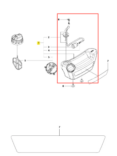 Zbiornik paliwa do dmuchawy Husqvarna 130BT, w kolorze czarnym, z kształtem wydłużonym, widocznymi mocowaniami i otworem wlewu. Zamontowany element z regulatorem. Produkt pokazany z boku, w szczegółowym ujęciu, na białym tle.