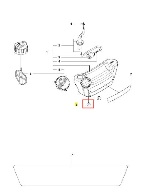 Śruba dmuchawy 130BT Husqvarna z metalu, widoczna na schemacie montażowym, oznaczona czerwoną ramką, pokazana z przodu z detalami mocowania, nie zawiera dodatkowych elementów wizualnych.