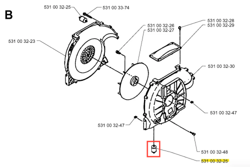 Amortyzator dmuchawy 140B Husqvarna w układzie suwakowym, pokazany z boku. Element obudowy wykonany z tworzywa sztucznego, biały z logo Husqvarna. Widoczne oznaczenia części i detali montażowych. Proste tło, dobrze eksponuje produkt.