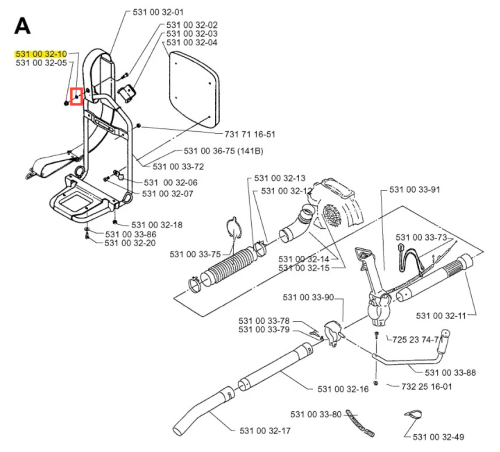 Diagram części podkładki dmuchawy 140B Husqvarna na białym tle, z oznaczonymi numerami. Widoczne uchwyt, przewody i wlot powietrza oraz detale konstrukcyjne różnych kształtów i rozmiarów.