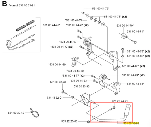 Uchwyt dmuchawy 141B Husqvarna w kolorze szarym. Widok z boku, stojący, z wyraźnym detalem rączki i mocowania. Materiał plastikowy, faktura matowa. Element identyfikacji umieszczony przy końcu uchwytu. Tło jednolite.