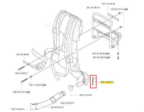 Zawleczka dmuchawy 141B Husqvarna w kolorze szarym, metalowa, o prostokątnym kształcie. Widoczna w zbliżeniu z prawej strony, w kontekście schematu i montażu. Element zamontowany, z czytelną numeracją.