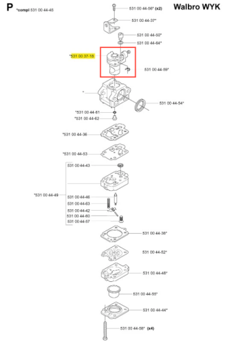 Przepustnica dmuchawy 141B Husqvarna w układzie części zamiennych, na rysunku technicznym. Element o cylindrycznym kształcie z króćcem, oznaczeniem 531 00 37-18. Widoczna faktura gładkiej powierzchni, brak dodatkowych dekoracji.