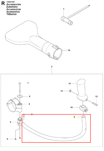 Czarny przedni uchwyt dmuchawy 150BF Husqvarna z ergonomiczną rączką, wycięciem na mocowanie, napisem Husqvarna i numerem katalogowym, na białym tle.