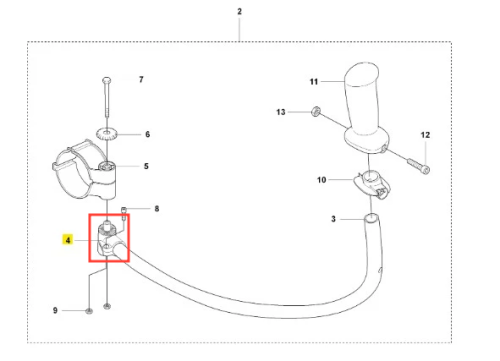 Wspornik dmuchawy 150BF Husqvarna, cylindryczny metalowy element z tuleją, połączony z elastycznym wężem, widoczny na zbliżeniu i diagramie instalacji z oznaczeniami części.