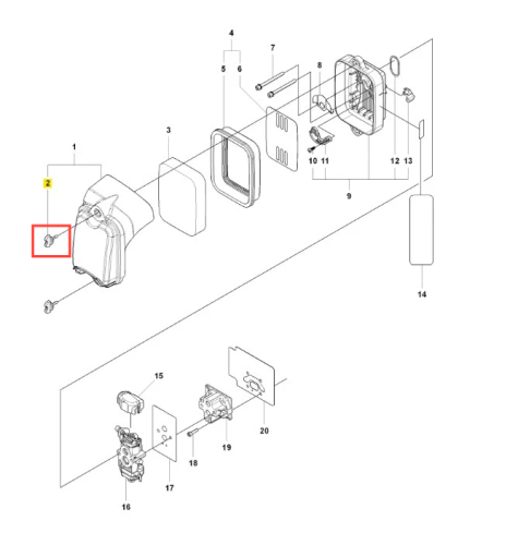 Pokrętło dmuchawy 150BF Husqvarna zamontowane na schemacie, w jednostkowym ujęciu z boku. Wykonane z tworzywa, o kompaktowej formie, z widocznym mechanizmem regulacyjnym oraz oznaczeniem funkcji. Oznaczenie w górnej części wskazuje na zastosowanie.