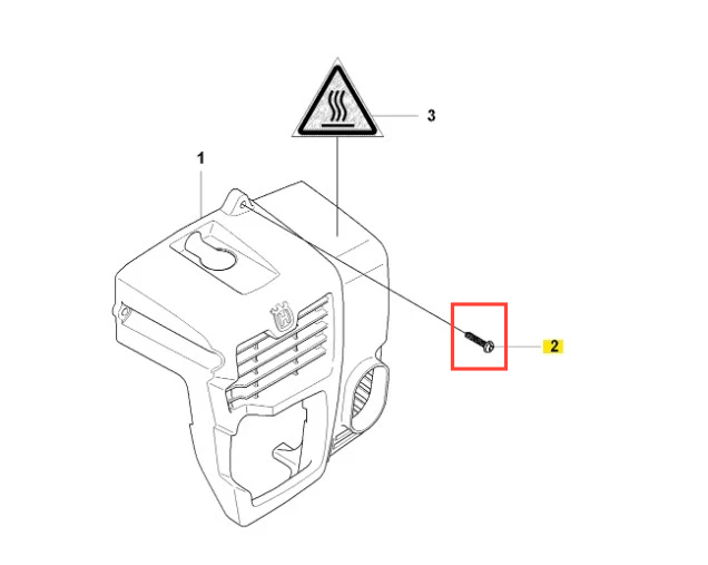 Śruba dmuchawy 150BF Husqvarna, metalowa, o srebrnym kolorze, z gwintem na całej długości i stożkowym końcu. Pokazana z boku na schemacie, zaznaczona na czerwono obok oznaczenia z napisem ostrzegawczym. Widziana w kontekście elementów dmuchawy.