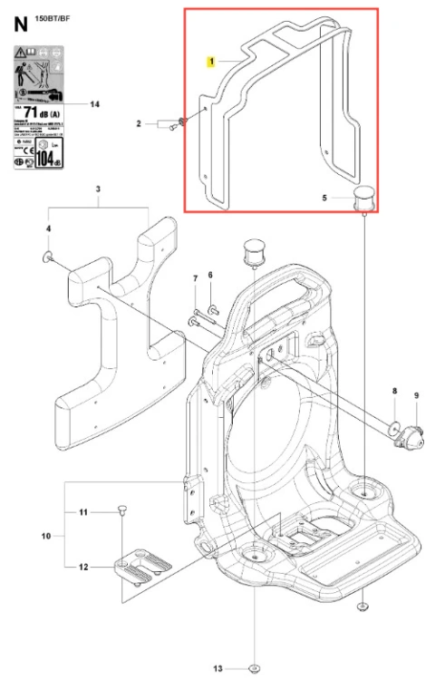 Siatka dmuchawy 150BF Husqvarna, wykonana z ciemnoszarego tworzywa, w układzie frontalnym. Widoczne mocowania oraz otwory montażowe. Element charakteryzuje się teksturowaną powierzchnią oraz logo Husqvarna. Idealna do zastosowań w ogrodnictwie.