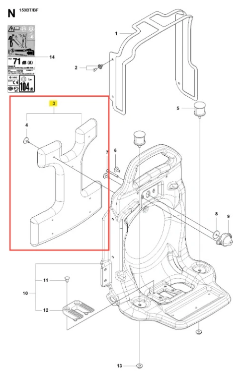 Komplet podkładek dmuchawy 150BF Husqvarna, wykonany z duraluminium, przedstawiony w perspektywie z boku. Produkt ukazany jest w detalach, z widocznymi mocowaniami i gładką powierzchnią. Tło jest jednolite, co podkreśla jego cechy.