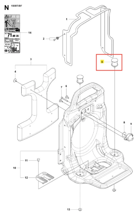 Szary amortyzator dmuchawy 150BF Husqvarna, okrągły i gładki, na tle instrukcji z detalami montażu i numerem części, połączony z obudową dmuchawy.