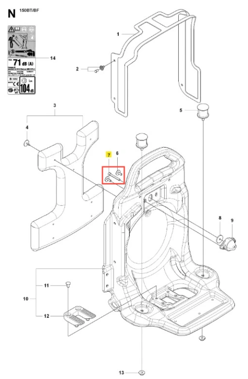 Śruba dmuchawy 150BF Husqvarna, srebrna, metalowa, cylindryczna z widocznym gwintem, widok z bliska pod kątem, na tle schematu montażowego wśród innych części.