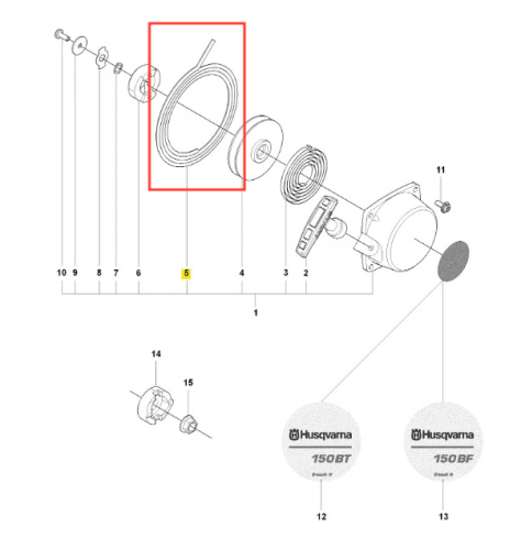 Linka dmuchawy Husqvarna 150BF, okrągła, z tworzywa sztucznego, w kolorze czarnym. Widoczna w pozycji leżącej, ujęcie z boku, podkreślające kształt i giętkość. Element wymienny, część systemu dmuchawy, z wyraźnymi oznaczeniami producenta.