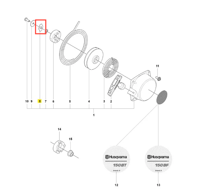 Ustalacz do dmuchawy Husqvarna 150BF, metalowy, okrągły z otworem na śrubę i nazwą modelu, umieszczony z boku schematu na białym tle dla łatwej identyfikacji.
