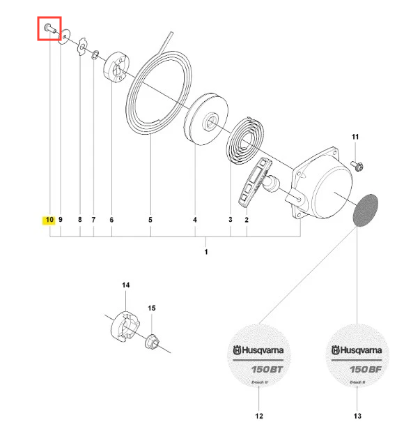 Śruba dmuchawy 150BF Husqvarna, metalowa, okrągła z gwintem, z widocznym oznaczeniem. Produkt przedstawiony w zbliżeniu, w kolorze srebrnym, w kontekście schematu technicznego z innymi elementami, na jednolitym tle. Długość śruby niewidoczna.