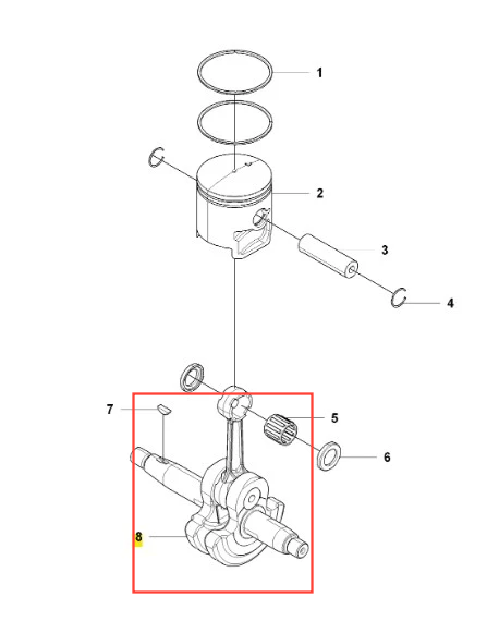 Wał korbowy dmuchawy 150BF Husqvarna w kolorze srebrnym, wykonany z metalu, z widocznymi elementami mocującymi. Zbliżenie przedstawia kształt i szczegóły konstrukcji, w tym osadzenia na łożysku. Produkt leży płasko na jasnym tle.