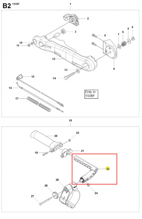 Rozpórka dmuchawy 150BF Husqvarna, widoczna z boku w zbliżeniu, wykonana z metalu, z teksturowaną powierzchnią. Element ma prostokątny kształt z otworami do mocowania, w kolorze szarym. Wyraźne oznaczenie Only in 150BF.