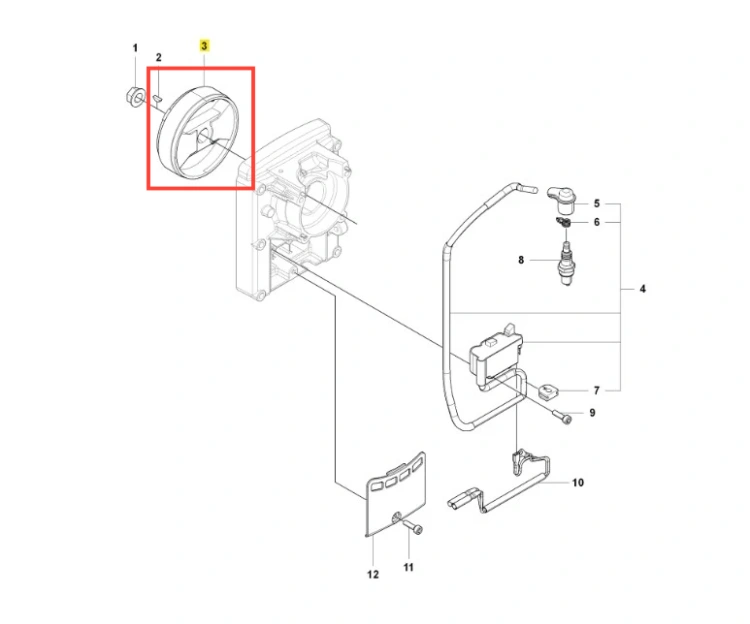 Koło zamachowe dmuchawy 150BF Husqvarna w kolorze szarym, okrągłe, z gładką powierzchnią oraz widocznym otworem w centralnej części. Ujęcie z boku, w kontekście schematu montażowego. Element odznacza się precyzyjnymi detalami mocowania.
