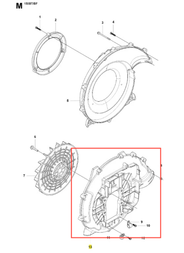 Obudowa wentylatora dmuchawy 150BF Husqvarna w kolorze czarnym, z tworzywa sztucznego. Zbliżenie na detale, widoczna struktura oraz elementy mocujące. Produkt leży na płaskiej powierzchni, z wyraźnymi otworami montażowymi.