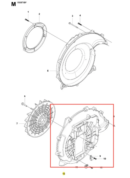 Obudowa wentylatora dmuchawy 150BF Husqvarna w kolorze czarnym, z tworzywa sztucznego. Zbliżenie na detale, widoczna struktura oraz elementy mocujące. Produkt leży na płaskiej powierzchni, z wyraźnymi otworami montażowymi.