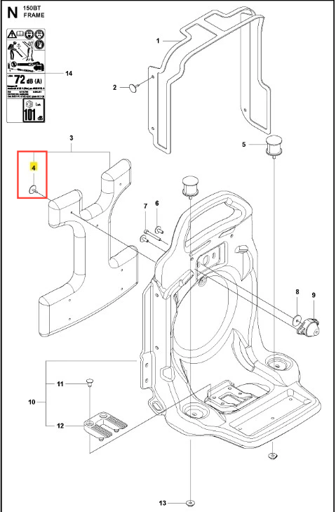 Zakres części zacisku dmuchawy 150BT Husqvarna w detalach technicznych. Widok z boku, z bliska, ukazujący elementy konstrukcyjne i mocowania. Na schemacie uwidocznione oznaczenia numerów części oraz ich ułożenie. Tło białe, wyraźne kontury.