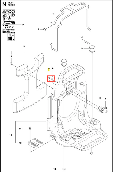Śruba dmuchawy 150BT Husqvarna, metalowa, w srebrnym kolorze, z okrągłym łbem. Widoczna w zbliżeniu, zamontowana w ramie dmuchawy. Tło proste, białe. Żadne dodatkowe napisy ani logo nie są widoczne.