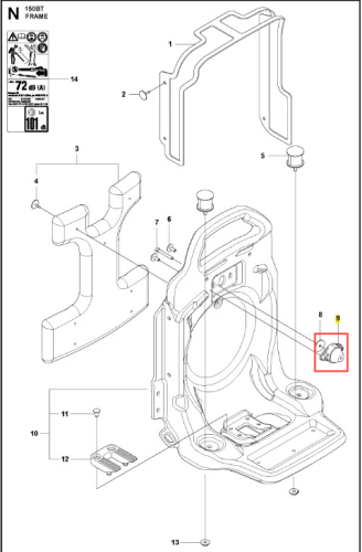 Amortyzator dmuchawy 150BT Husqvarna, montowany z boku obudowy, metaliczny, z okrągłym elementem mocującym. Produkt widoczny w złożeniu, z wyraźnymi detalami konstrukcyjnymi. Tło jasne, bez wzorów, skupia uwagę na detalu.