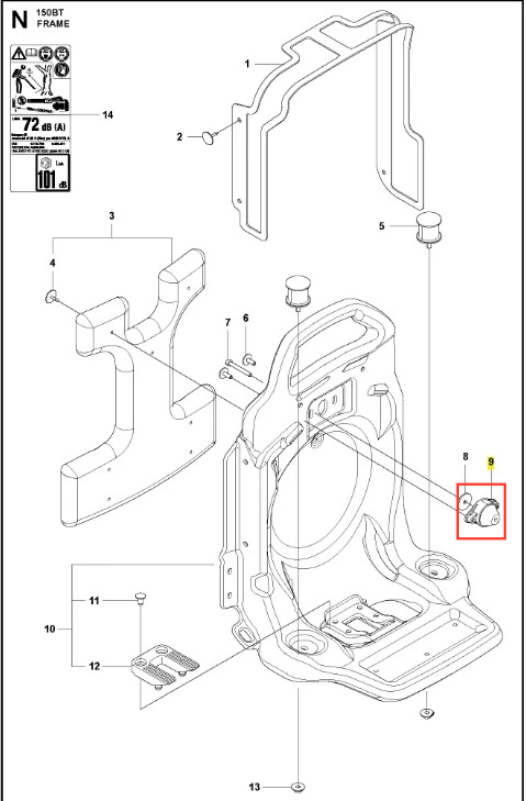 Amortyzator dmuchawy 150BT Husqvarna, montowany z boku obudowy, metaliczny, z okrągłym elementem mocującym. Produkt widoczny w złożeniu, z wyraźnymi detalami konstrukcyjnymi. Tło jasne, bez wzorów, skupia uwagę na detalu.