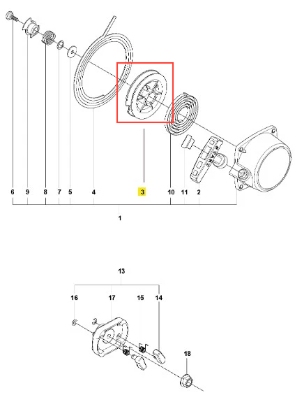 Rolka dmuchawy 150BT Husqvarna, okrągła, w kolorze ciemnoszarym, z wyraźnym wzorem łopatek, widoczna z przodu w podkreśleniu. Element montażowy, przeznaczony do dmuchawy, znajduje się na neutralnym tle, w pozycji leżącej.