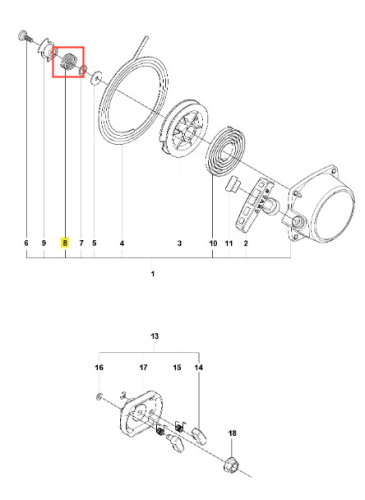 Sprężyna dmuchawy 150BT Husqvarna, przedstawiona w formie rysunku technicznego, z wyraźnymi liniami i numeracją części. Element ma spiralny kształt oraz metaliczny połysk, ulokowany w centralnej części schematu, co ułatwia jego identyfikację.