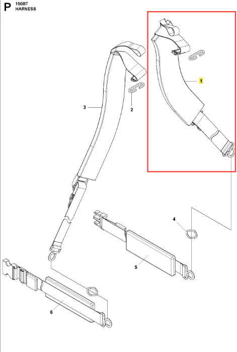 Łącznik dmuchawy 150BT Husqvarna, przedstawiony w widoku z boku. Produkt w kolorze czarnym z elementami metalowymi, z widocznymi mocowaniami. Ułożony poziomo, z widocznymi detalami i kształtem. Elementy montażowe kierujące do użytkowania.