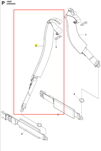 Łącznik dmuchawy 150BT Husqvarna w formie długiego, zakrzywionego elementu z dołączonymi mocowaniami. Widoczna matowa powierzchnia. Produkt zaprezentowany z boku, w pozycji rozłożonej, z schematem części obok, na białym tle.
