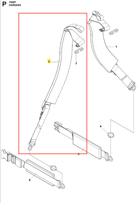 Łącznik dmuchawy 150BT Husqvarna w formie długiego, zakrzywionego elementu z dołączonymi mocowaniami. Widoczna matowa powierzchnia. Produkt zaprezentowany z boku, w pozycji rozłożonej, z schematem części obok, na białym tle.