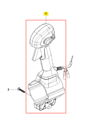 Zespół uchwytu dmuchawy 150BT Husqvarna w kolorze czarnym, z ergonomiczną rączką. Stojący, widok z boku, ujawniający detale mocowania oraz przewody. Uchwyt z logo Husqvarna, zaprojektowany z myślą o wygodnym użytkowaniu.