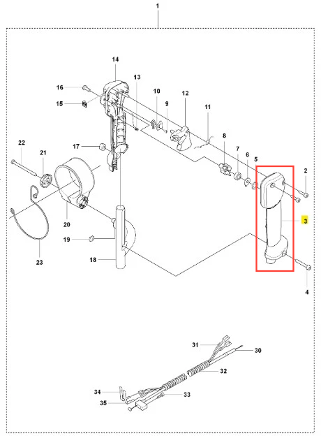Uchwyt dmuchawy 150BT Husqvarna w kolorze szarym, o prostokątnym kształcie, z widocznymi elementami mocującymi. Produkt przedstawiony z boku, ukazując detale konstrukcyjne i otwory na śrubki. Tło białe, co podkreśla jego szczegóły.