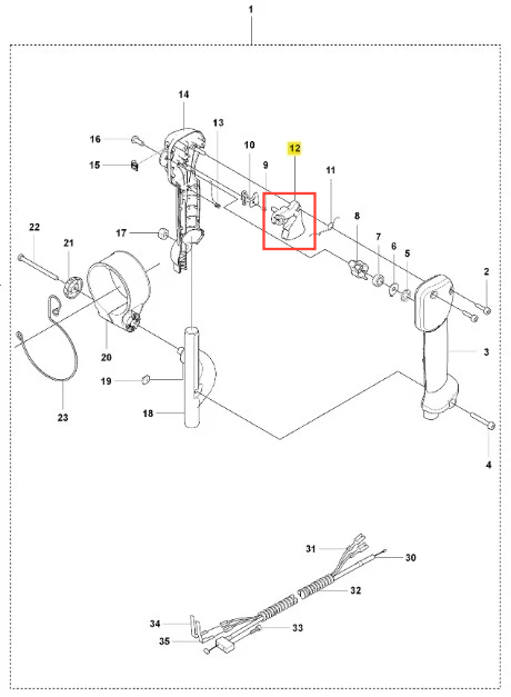 Wyzwalacz dmuchawy 150BT Husqvarna, w kolorze szarym, z solidnym uchwytem. Widoczny z boku, w stanie nowym. Detal z oznaczeniem, pokazujący mechanizm z przyciskiem uruchamiającym. Tło białe, co ułatwia identyfikację elementów.