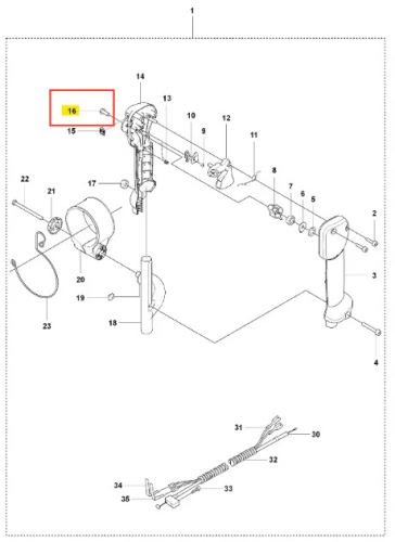 Oś wału dmuchawy 150BT Husqvarna w widoku technicznym. Elementy oznaczone numerami, z wyróżnioną częścią 16. Widoczny kształt wału i połączenia na białym tle.