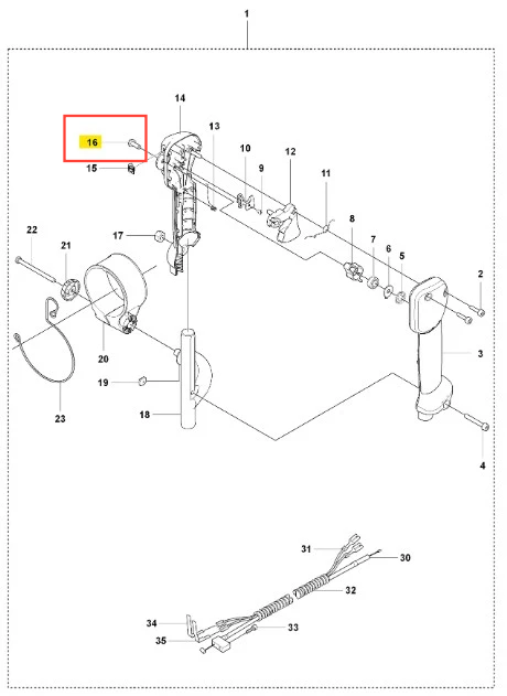 Oś wału dmuchawy 150BT Husqvarna w widoku technicznym. Elementy oznaczone numerami, z wyróżnioną częścią 16. Widoczny kształt wału i połączenia na białym tle.